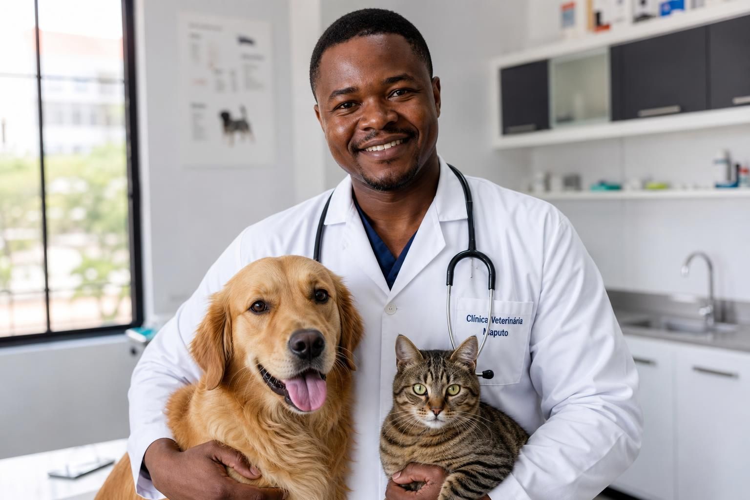 Veterinário com cão e gato